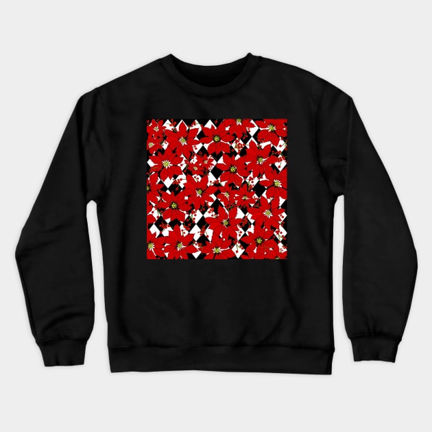 HARLEQUIN AND POINSETTIAS IN BLACK AND WHITE AND RED Crewneck Sweatshirt by Overthetopsm